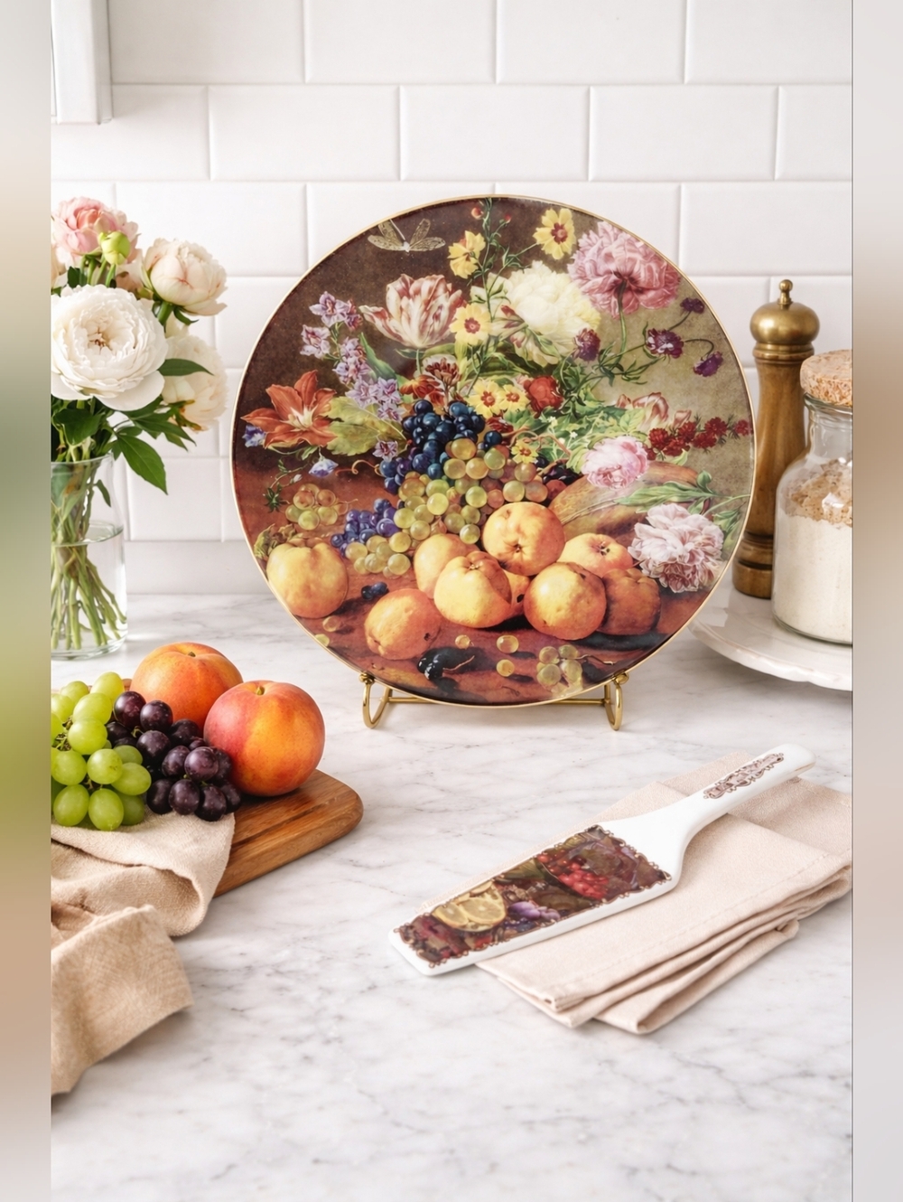 Formalities by Baum Bros Porcelain Cake Plate Set w/ Server Floral Fruit Gold Tr